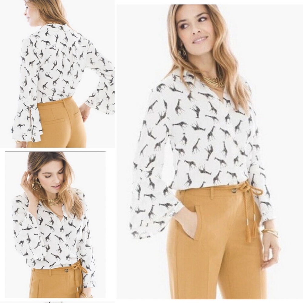 Chico’s | Giraffe Top Hidden Button Up Polyester Bell Sleeves Top